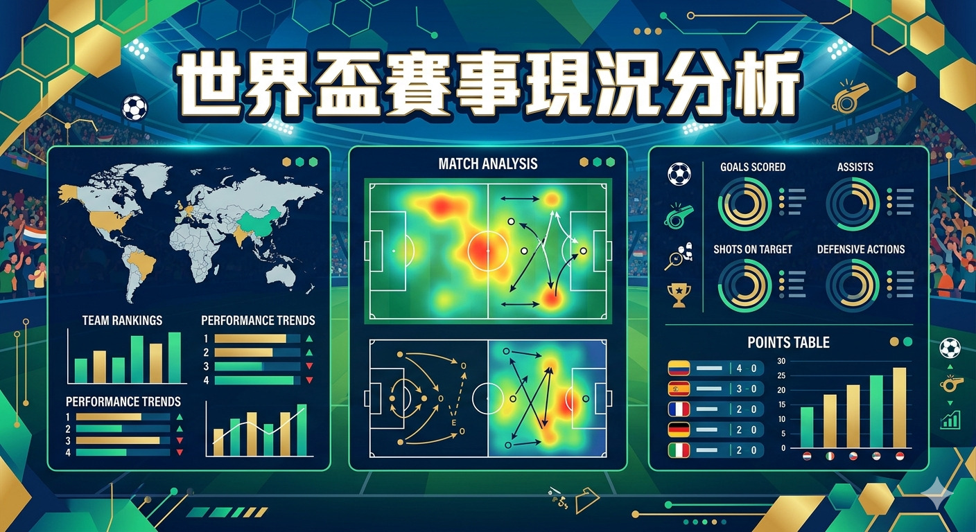 這是一張呈現世界盃賽事數據分析的專業資訊圖表,背景為足球場。 圖中整合了地圖、熱點分析圖、戰術路線與各類性能趨勢數據,視覺風格簡潔且具科技感。