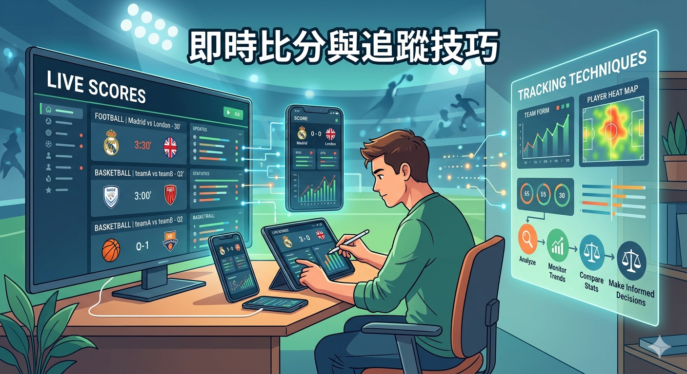 這張圖片展示了一位正在使用多種設備分析體育賽事的分析師,背景為賽場,強調了即時比分監測與數據追蹤的專業技巧。 畫面中央結合了顯示即時數據的電視螢幕、平板電腦與手機,並以數位投影呈現球員熱圖與趨勢分析,突顯高效的追蹤流程。