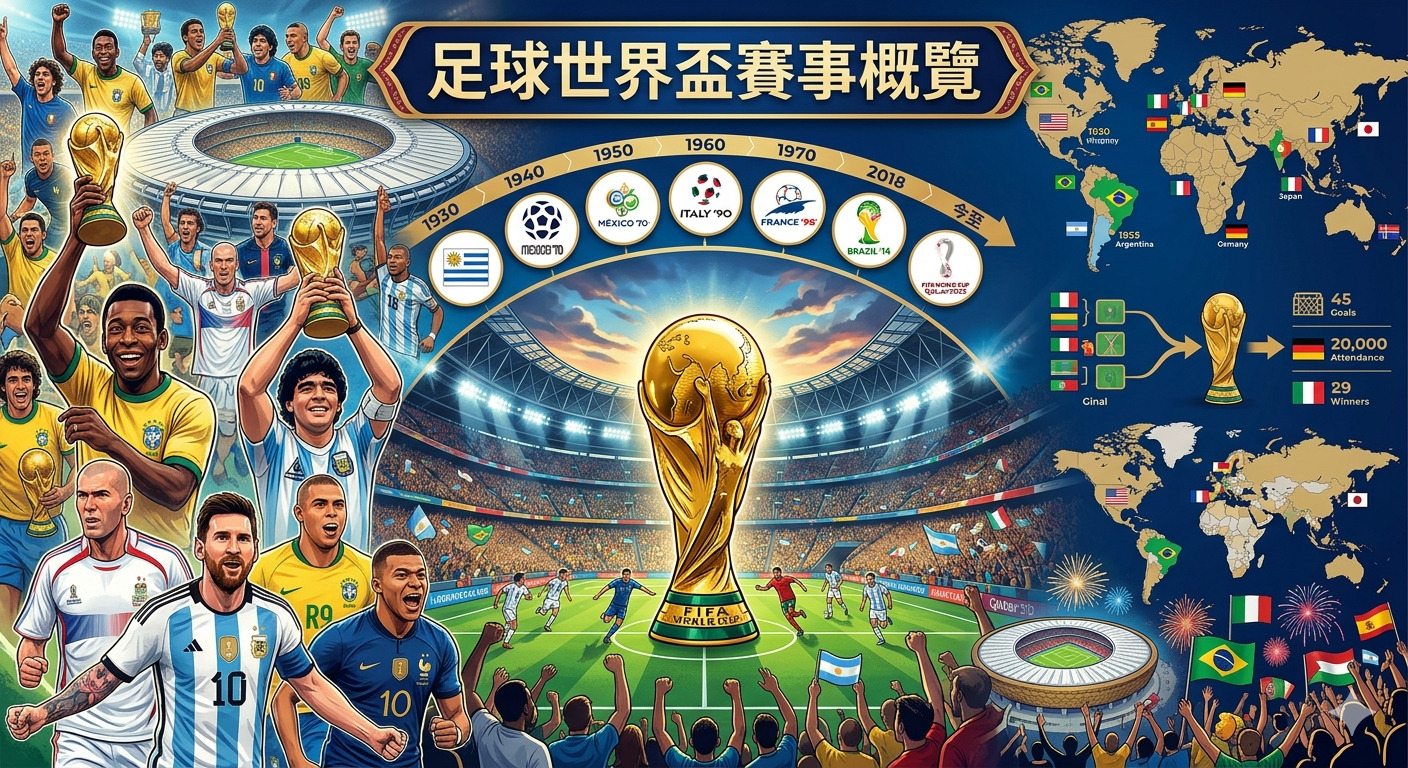 這張圖片展示了足球世界盃的輝煌歷史，中央聳立著金色的冠軍獎盃，周圍環繞著歷屆賽事經典瞬間、著名球星及全球地圖。 頂部以「足球世界盃賽事概覽」為標題，整合了從 1930 年至今的賽事演變與榮耀時刻。