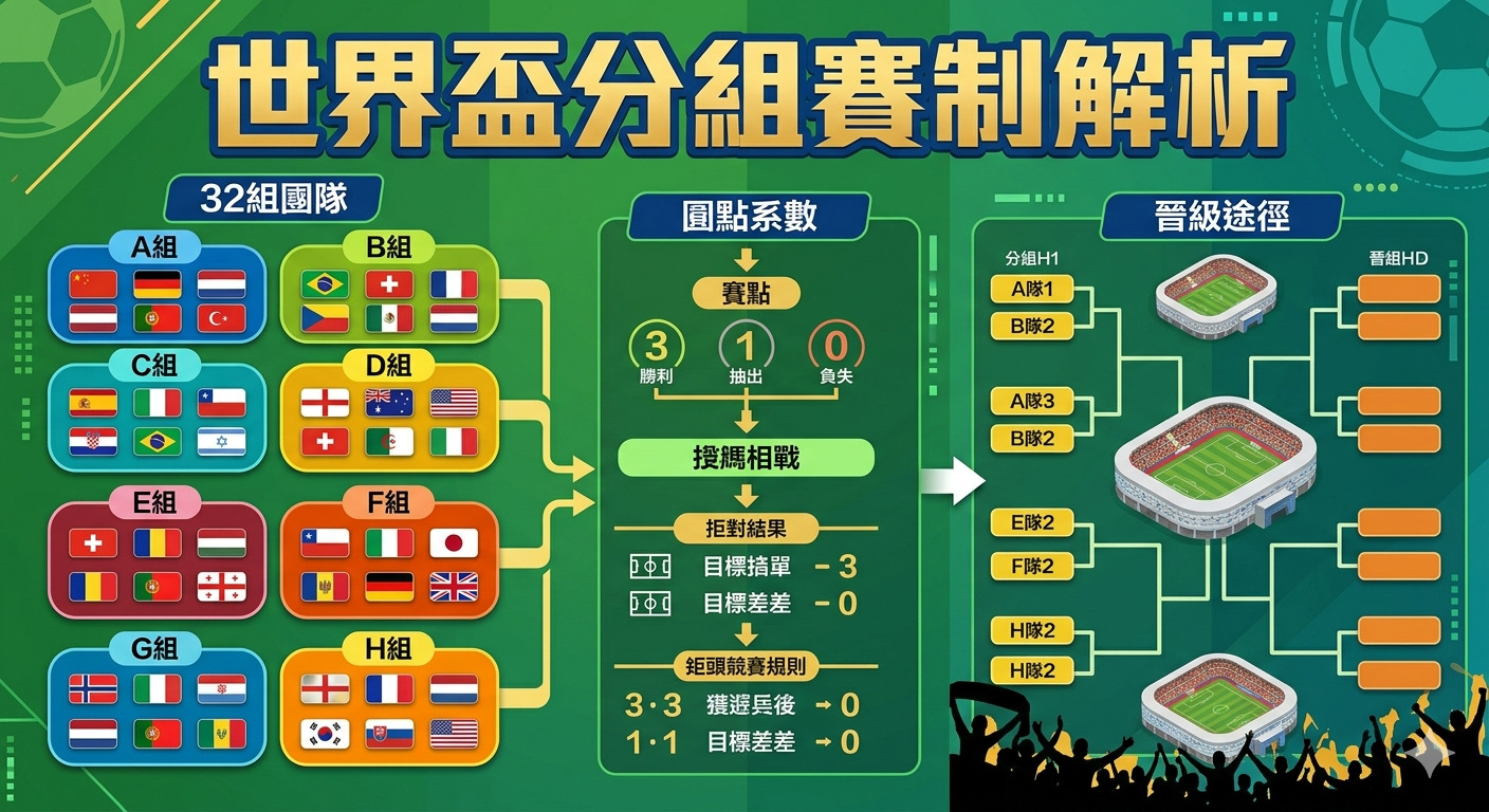 這是一張關於「世界盃分組賽制解析」的資訊圖表。 圖中詳細展示了32支球隊的分組結構、比賽積分規則以及最終的淘汰賽晉級途徑。