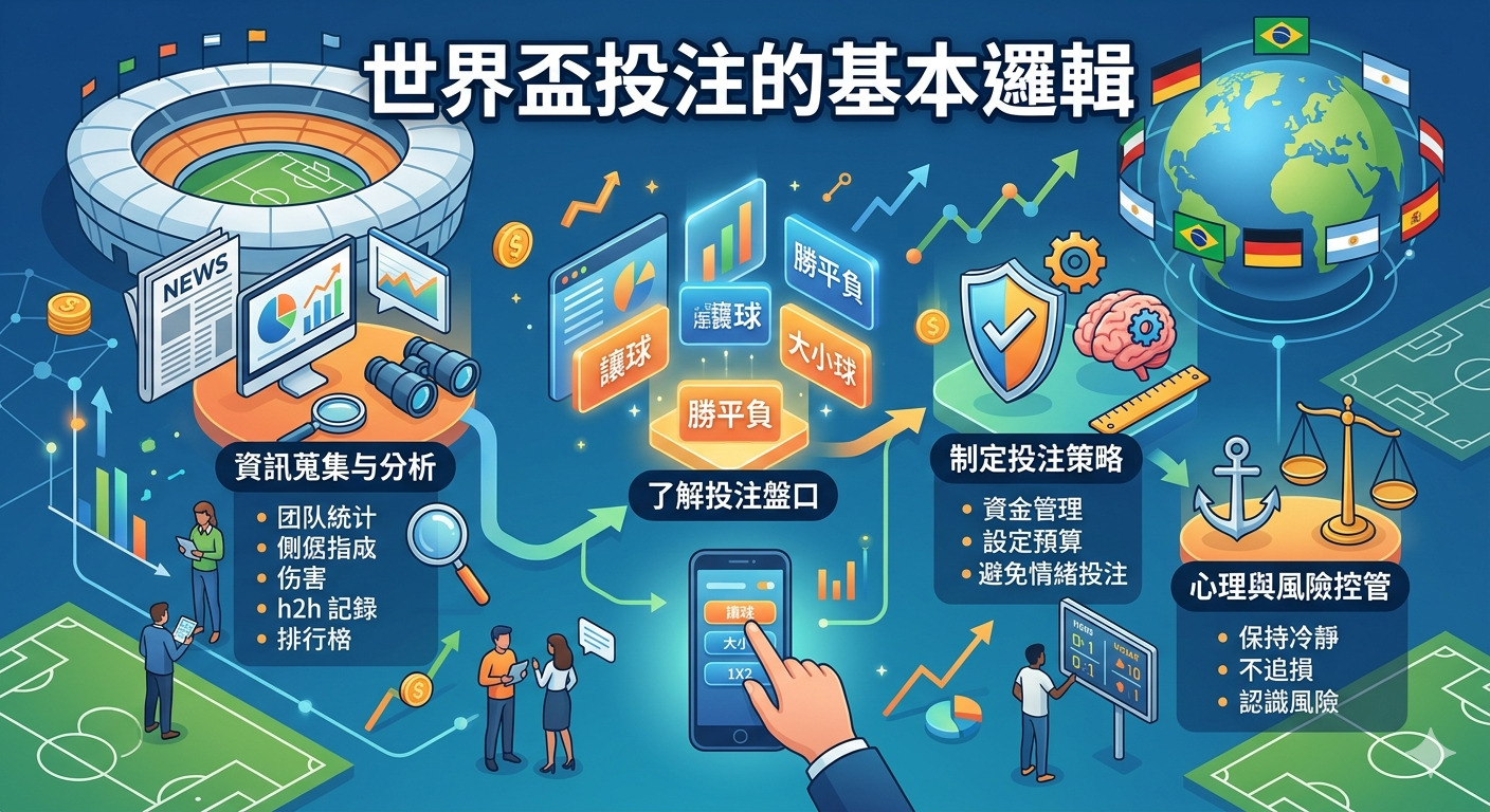 這張圖片以「世界盃投注的基本邏輯」為標題，透過圖示呈現了賽事分析、賠率理解及風險管理的投注核心流程。 整體設計採用資訊圖表風格，結合球場元素與策略分析圖示，簡明地傳達了理性投注的關鍵要素。