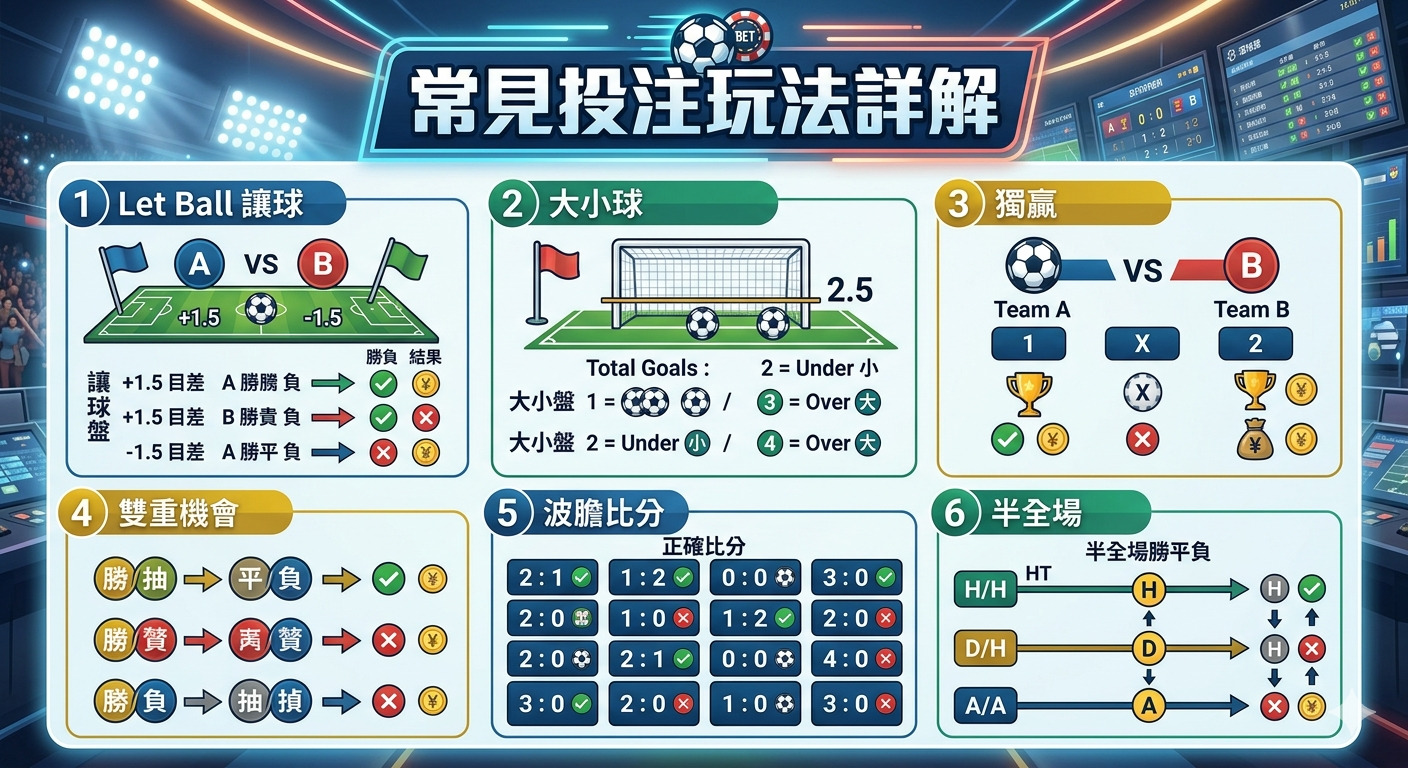 這張圖片詳細解說了常見的足球投注玩法,包含讓球、大小球、獨贏、雙重機會、波膽比分及半全場等項目。 透過直觀的圖示與數據分析,協助使用者快速理解各類投注方式的規則與結果判定。