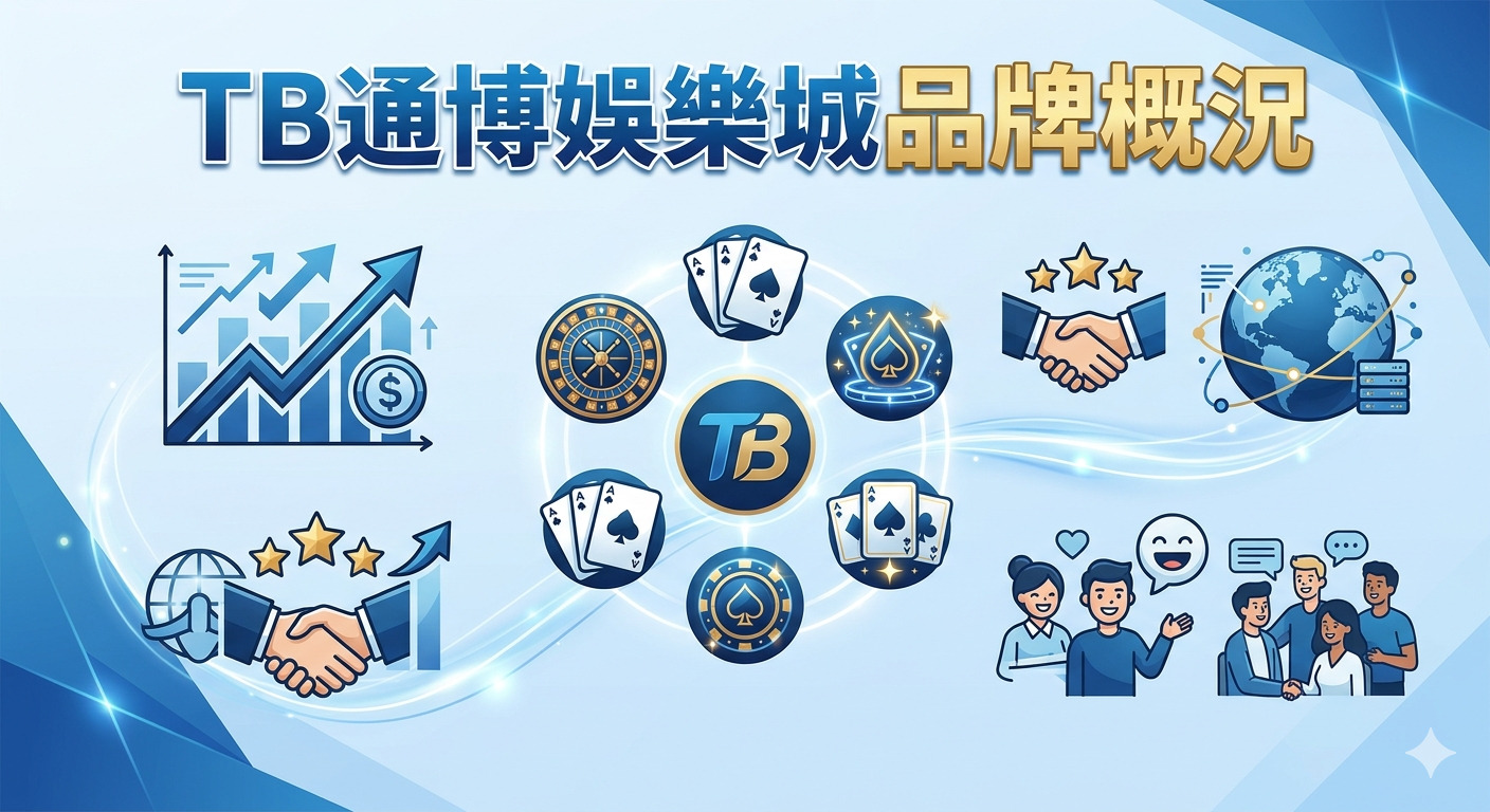這是一張以「TB通博娛樂城品牌概況」為標題的專業品牌宣傳圖,設計風格現代且具備科技感。 圖中結合了博弈遊戲元素、商業增長趨勢與全球化交流的圖標,清晰呈現了品牌的專業形象與多元服務。