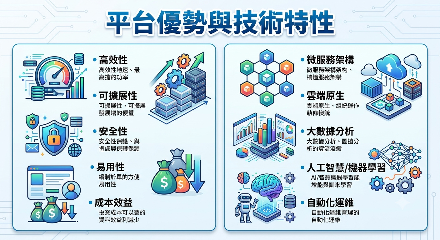 這張圖表展示了平台的優勢與技術特性,上方標題為「平台優勢與技術特性」。 圖中分為左右兩個區塊,分別詳列了效能、安全性、成本效益等平台優勢以及微服務架構、人工智慧、大數據分析等技術應用。